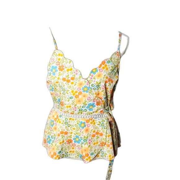 Top Faux Wrap Blouse by Milk & Honey multicolor floral lace trim, Size L - Picture 1 of 6